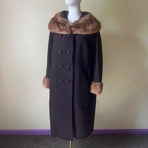 Vintage 1960s Richard H. Martin Brown Wool Coat Mink Fur Collar‎ & Cuffs L/XL